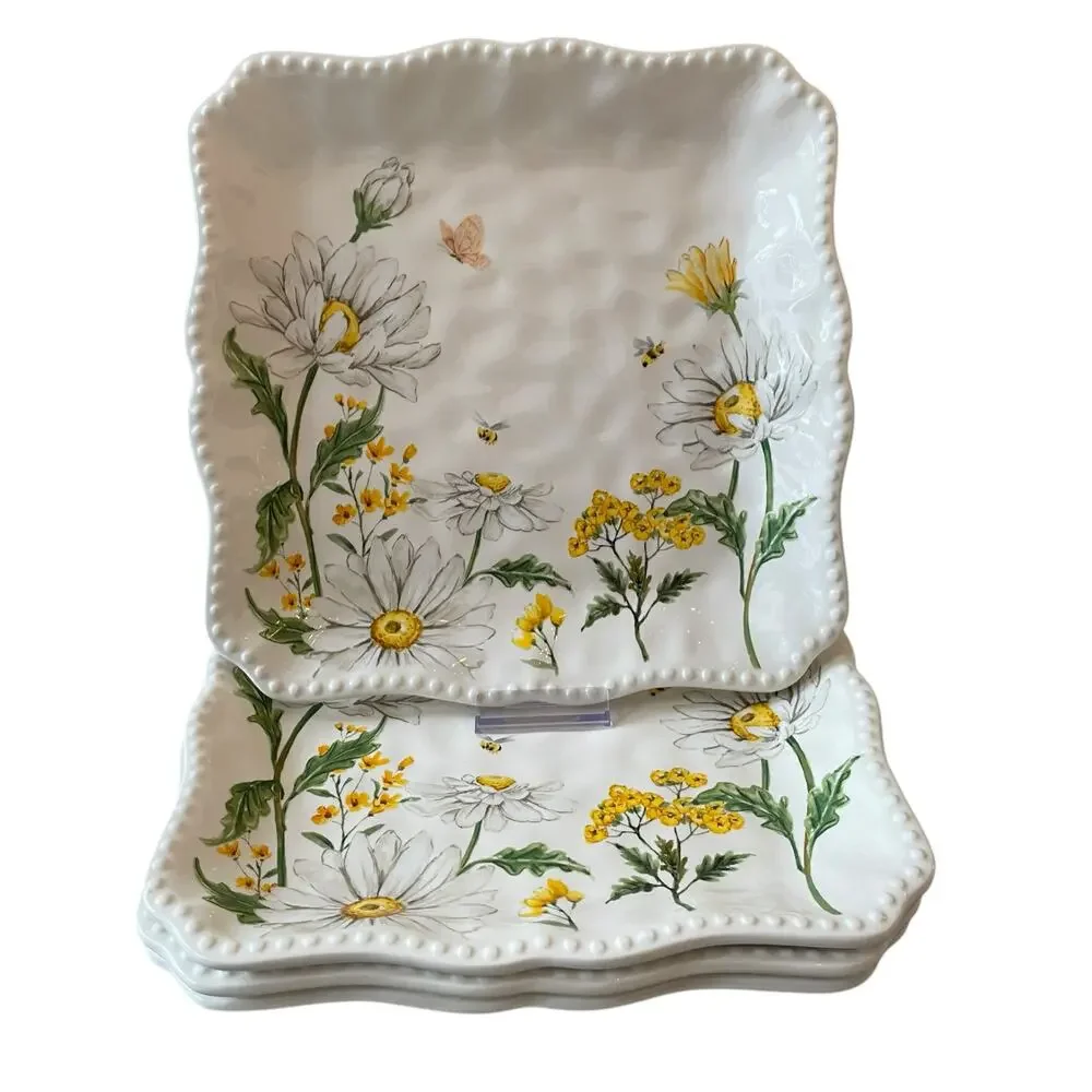 MAXCERA Spring Easter Bee Butterfly Daisy Square Dinner Plates Set of 4 New